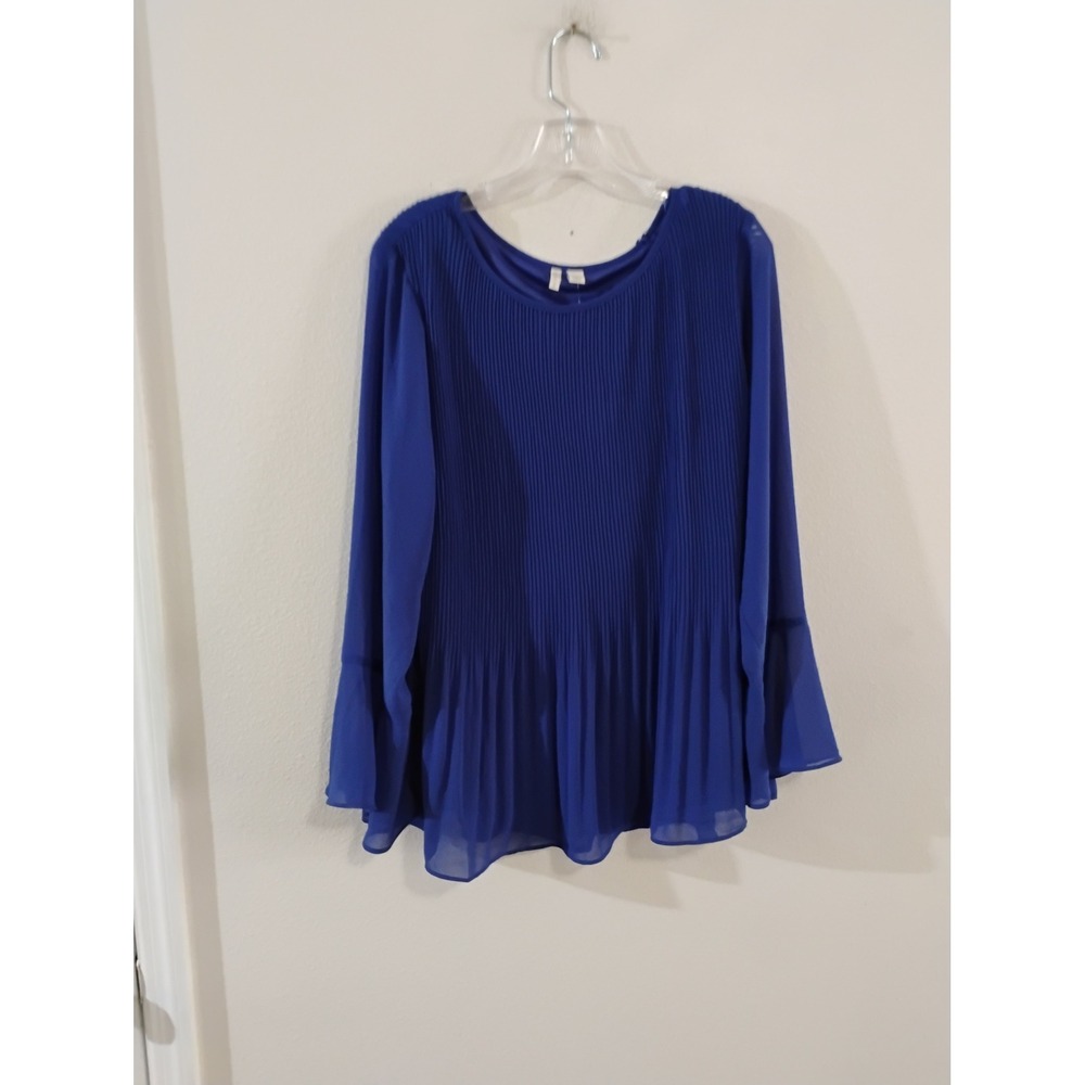 Cato Royal Blue Pleated Chiffon Blouse Long Bell Sleeve Scoop Neck Top 14/16W